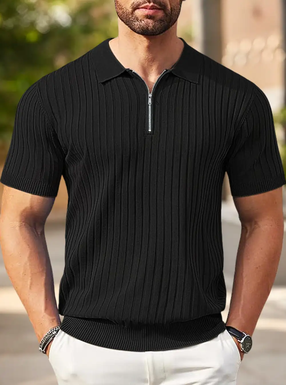 Zip Front Short Sleeve Fine Knit Polo Shirt