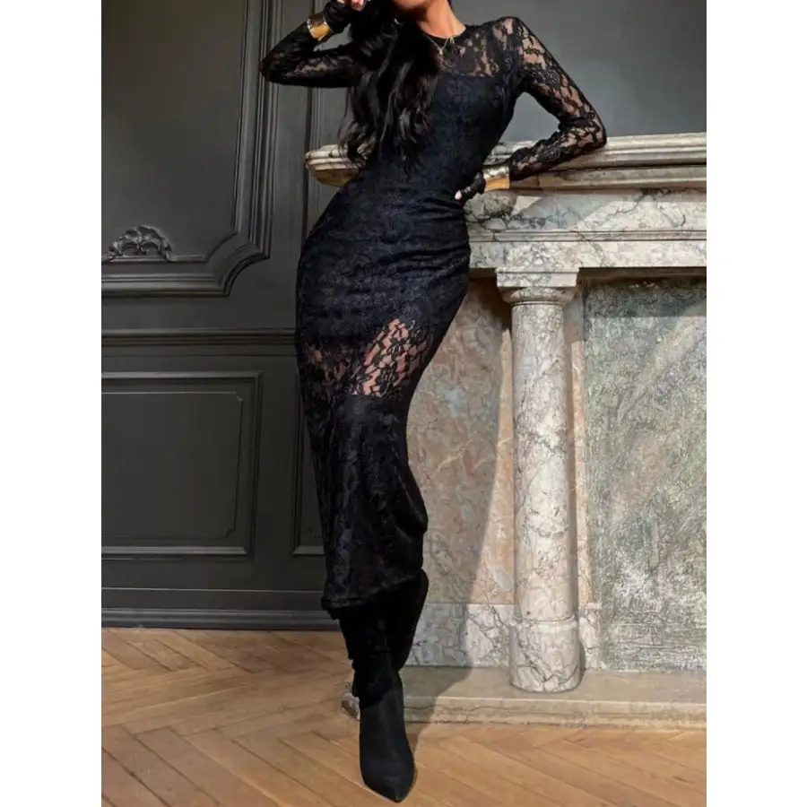 Lace Round Neck Long Sleeve Midi Dress