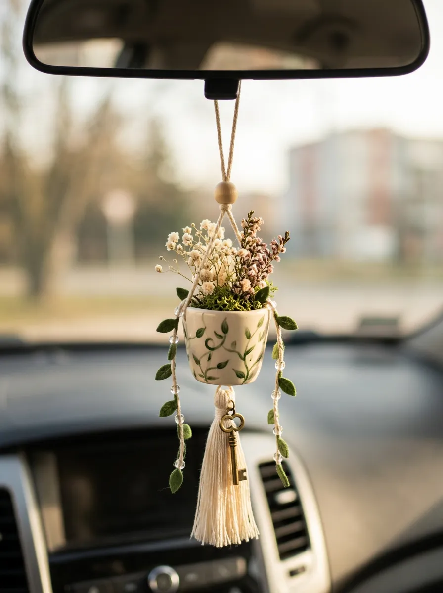 Tassel Floral Plant Rearview Mirror Hanging Ornament