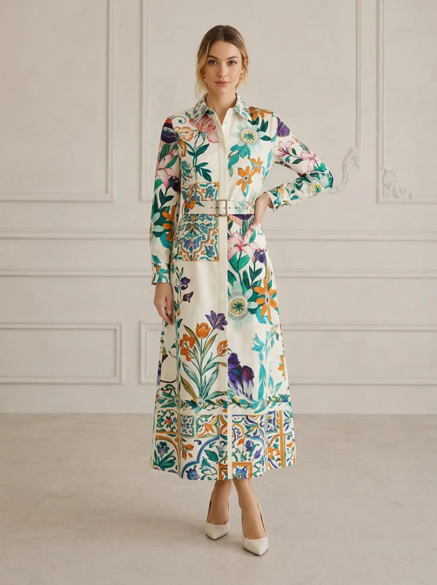 Women's Floral Tile Pattern Printed Belted Shirt Dress