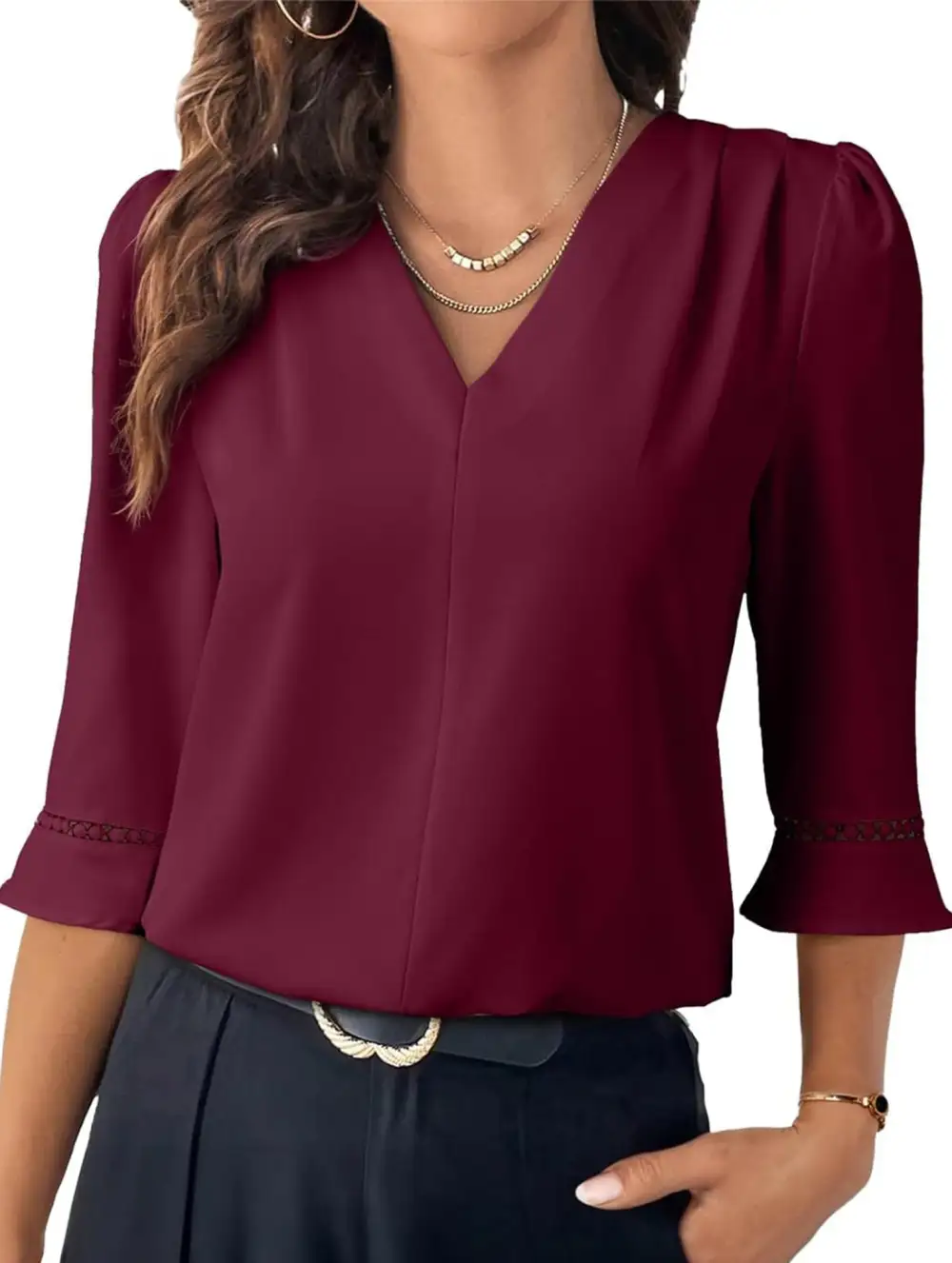 V Neck Office Three Quarter Sleeve Blouse