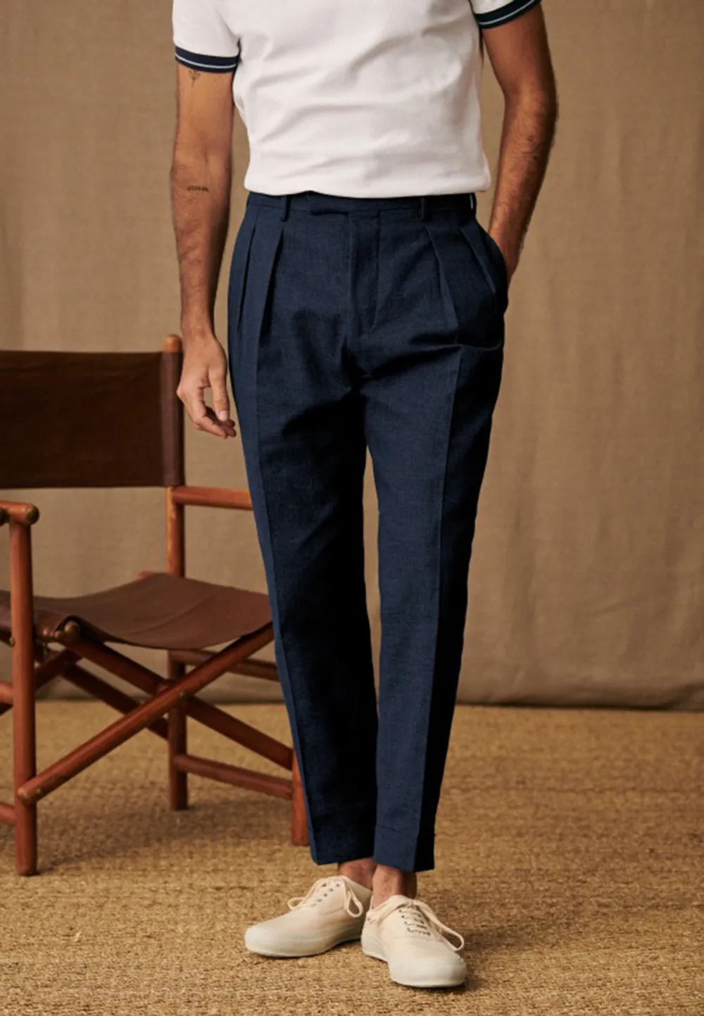 Navy Pleated High Waist Tailored Trousers