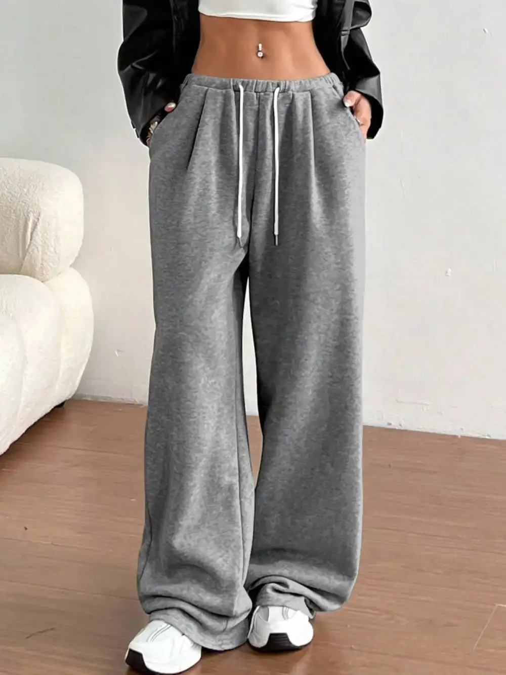 High Waist Drawstring Wide Leg Pocketed Casual Joggers