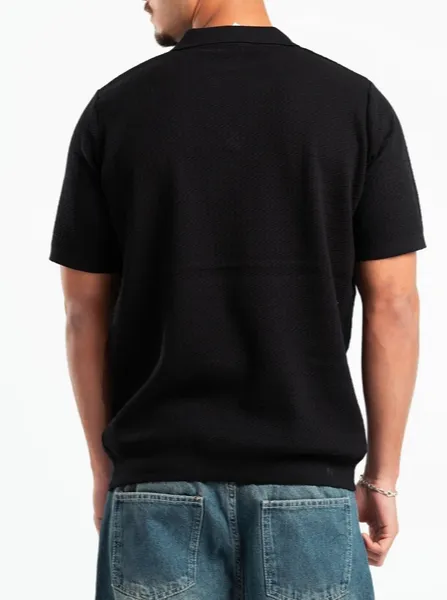 Black Wavy Texture Knit Polo