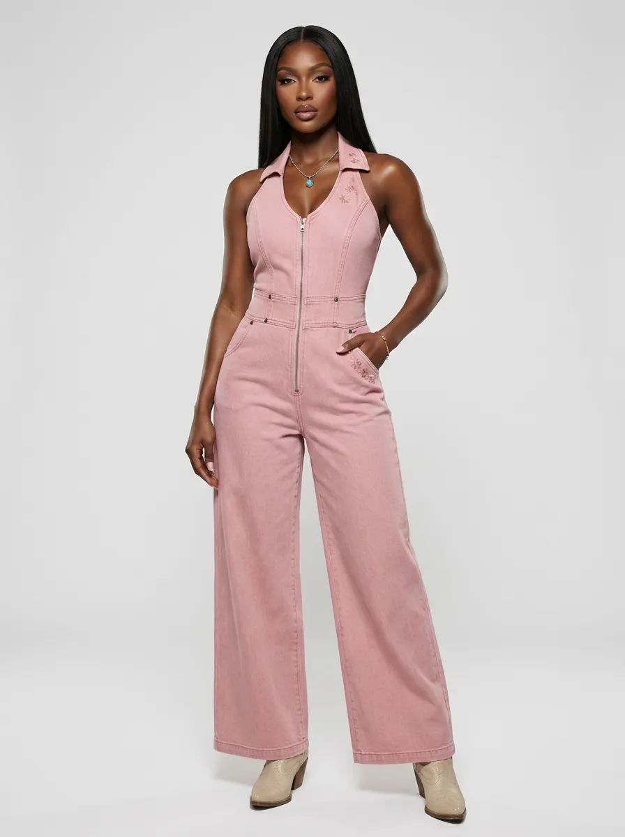 Pink Refined Floral Embroidered Zip-Front Denim Jumpsuit