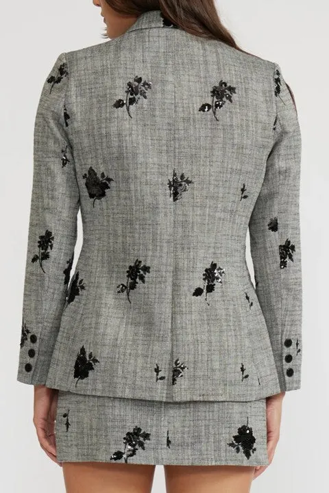 Grey Floral Print Tailored Blazer