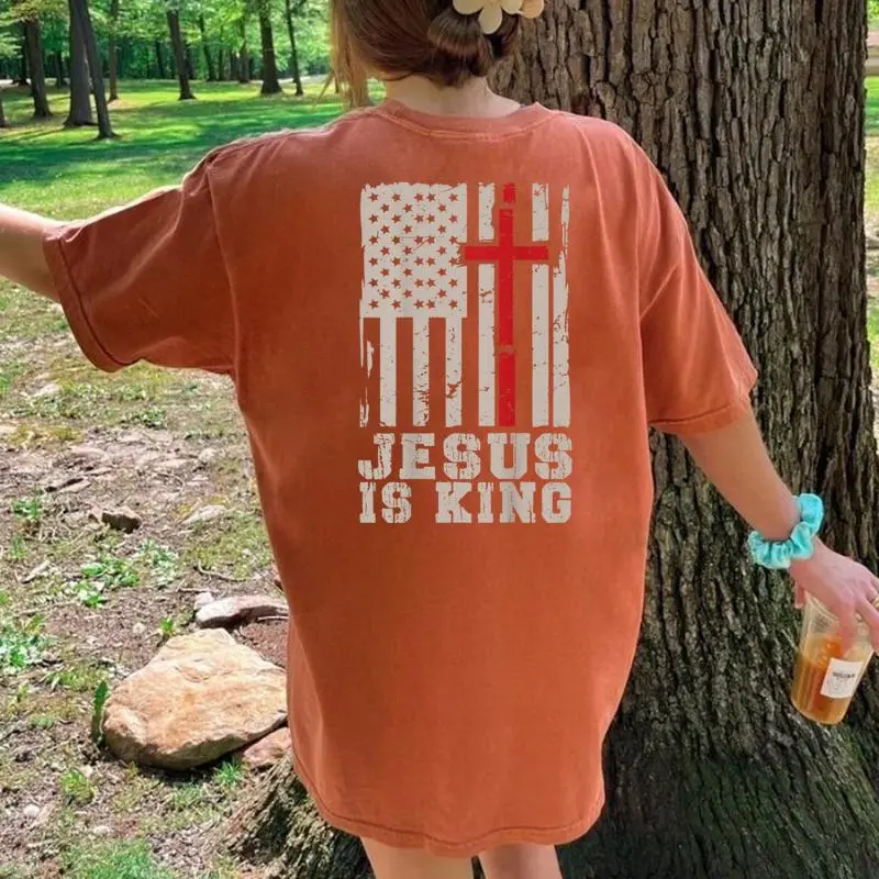 Jesus Is King Christ Lord Patriotic Christian American Flag Women's Oversized Comfort T-Shirt Back Print