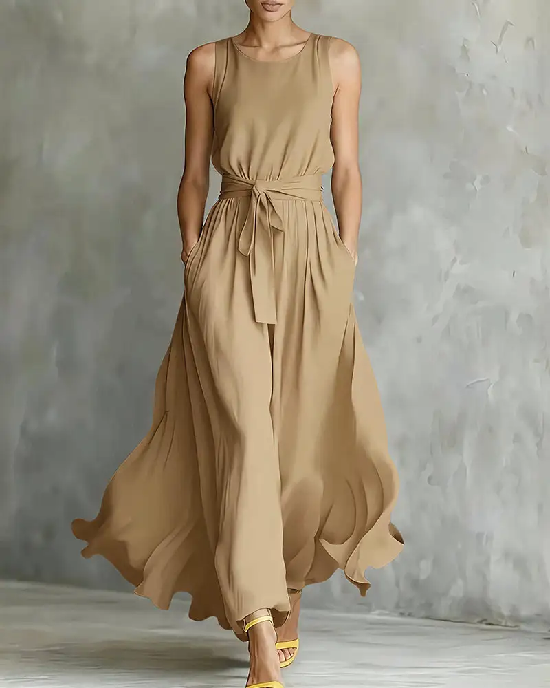 Sleeveless Tie-Waist Flowy Maxi Dress
