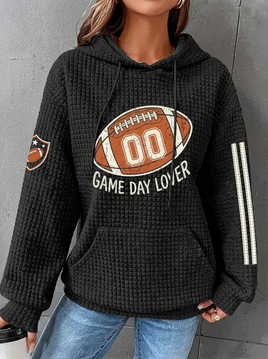Women's Football Game Day Lover Graphic Printed Waffle Hoodie