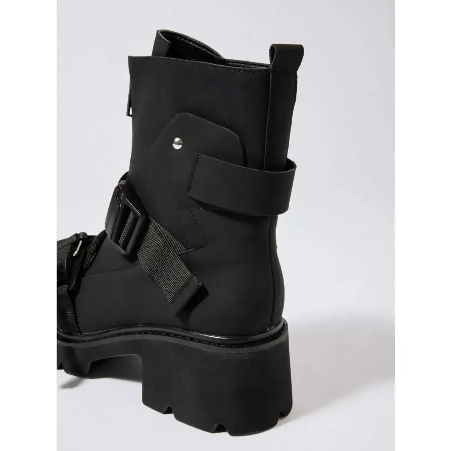 Chunky Platform Boots with Buckle Straps and Front Zip