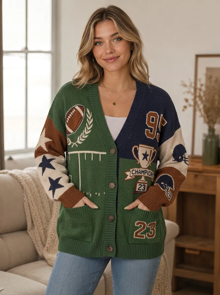 Women's Football Fan Champion Trophy Star Pattern Knitted Cardigan