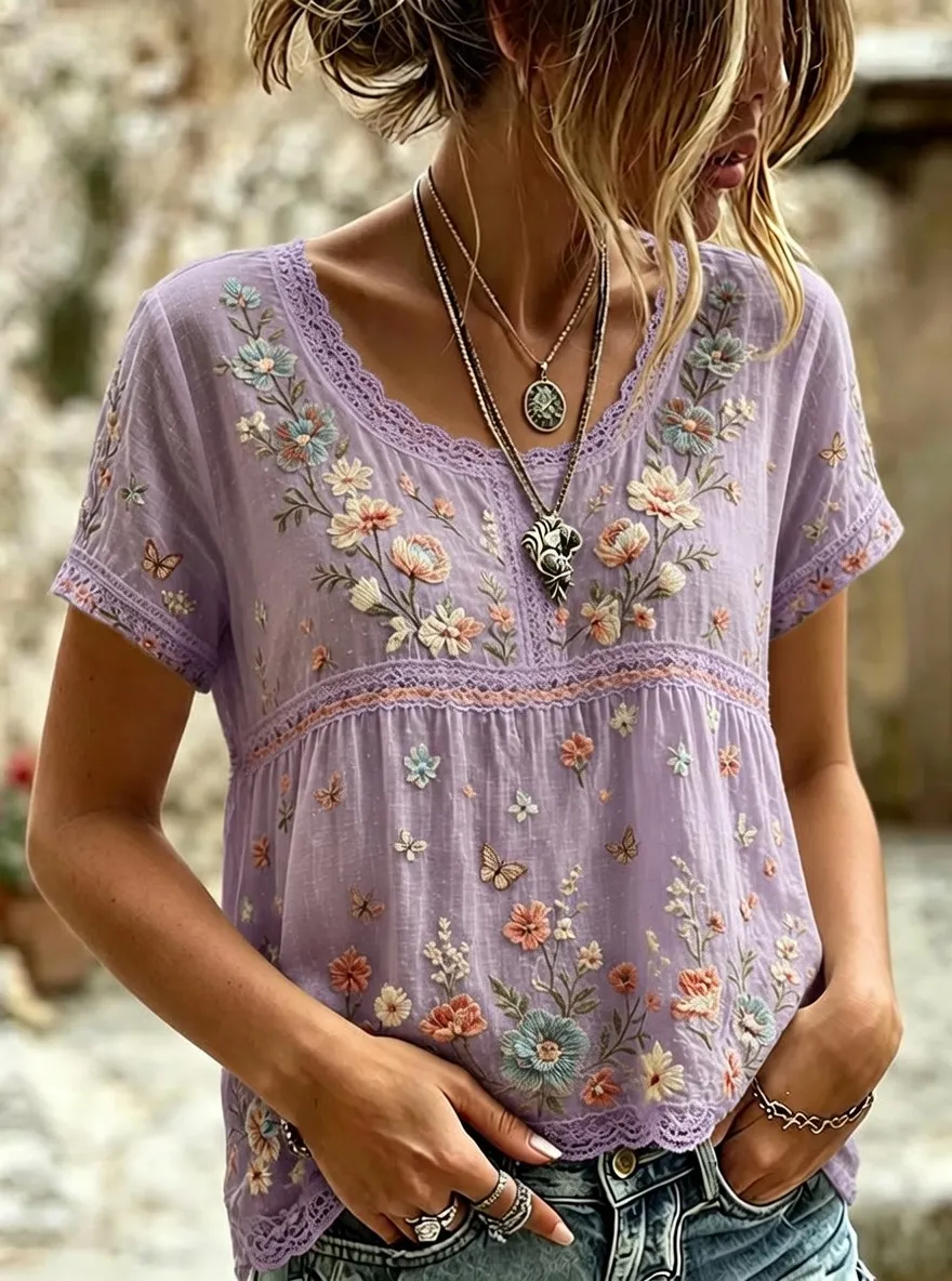 Women's Boho Floral Butterfly Embroidered Printed T-shirt