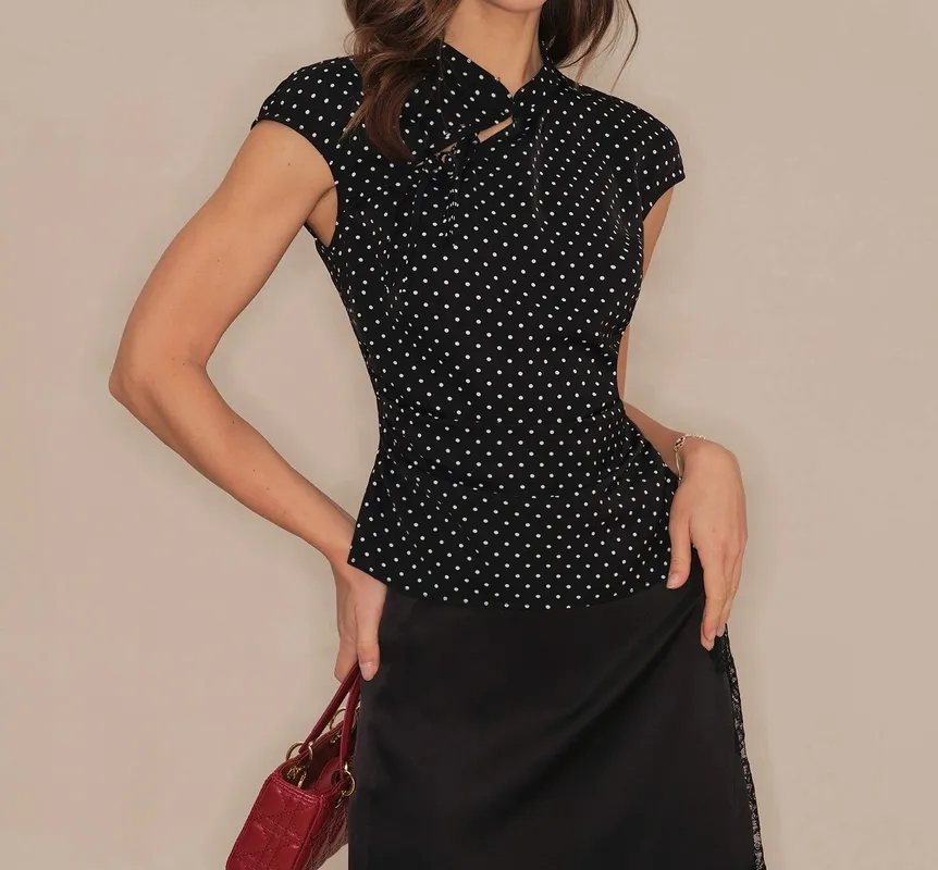 Black Polka Dot Mandarin Collar Tee
