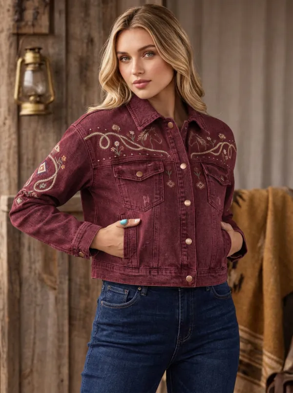 Women's Western Cowboy Horse Floral Embroidery Floral Embroidered Denim Jacket