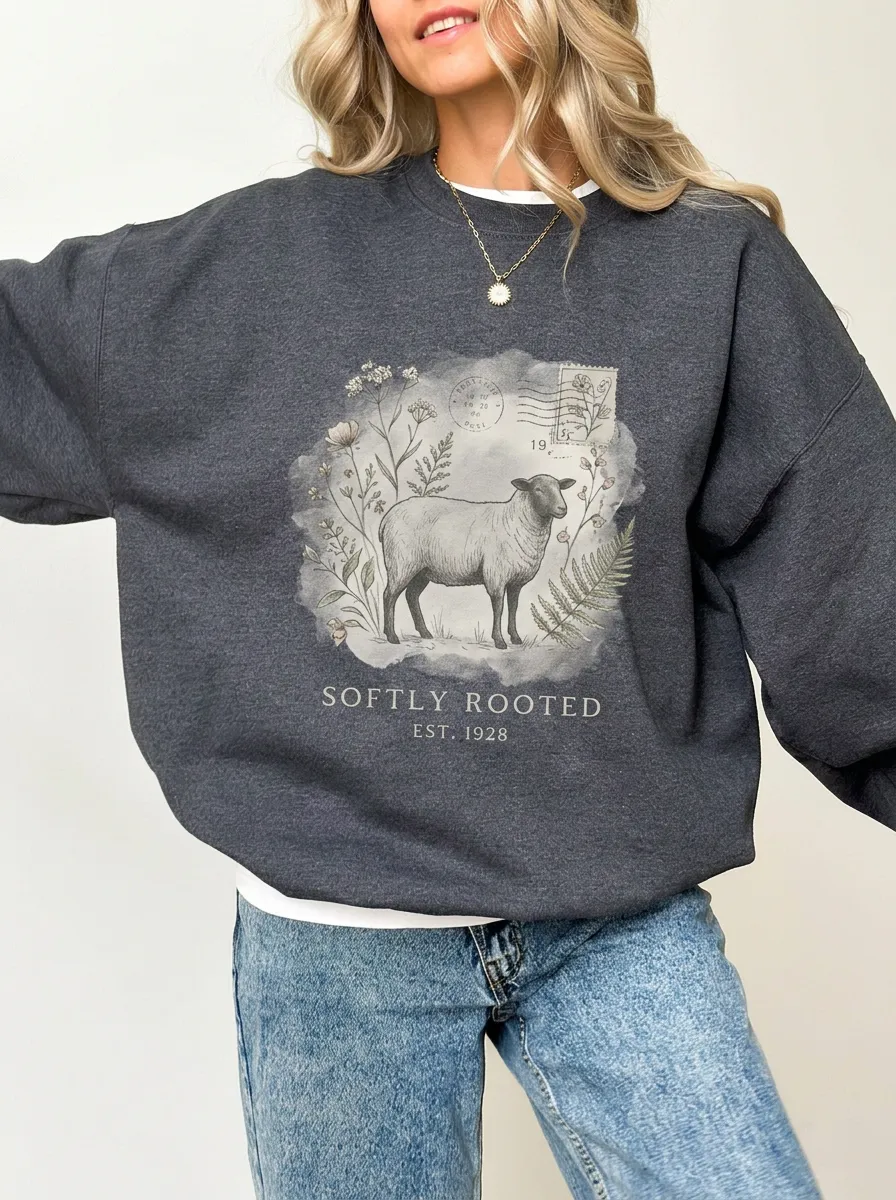 Women's Farmhouse Sheep Floral Stamp Printed Sweatshirt