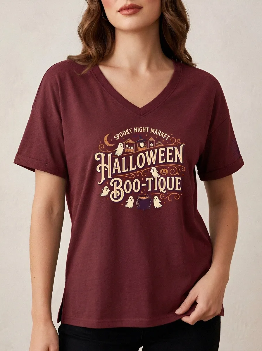 Women's Halloween Boo-tique Spooky Night Market Printed V-neck T-shirt