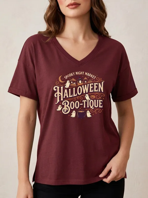 Women's Halloween Boo-tique Spooky Night Market Printed V-neck T-shirt