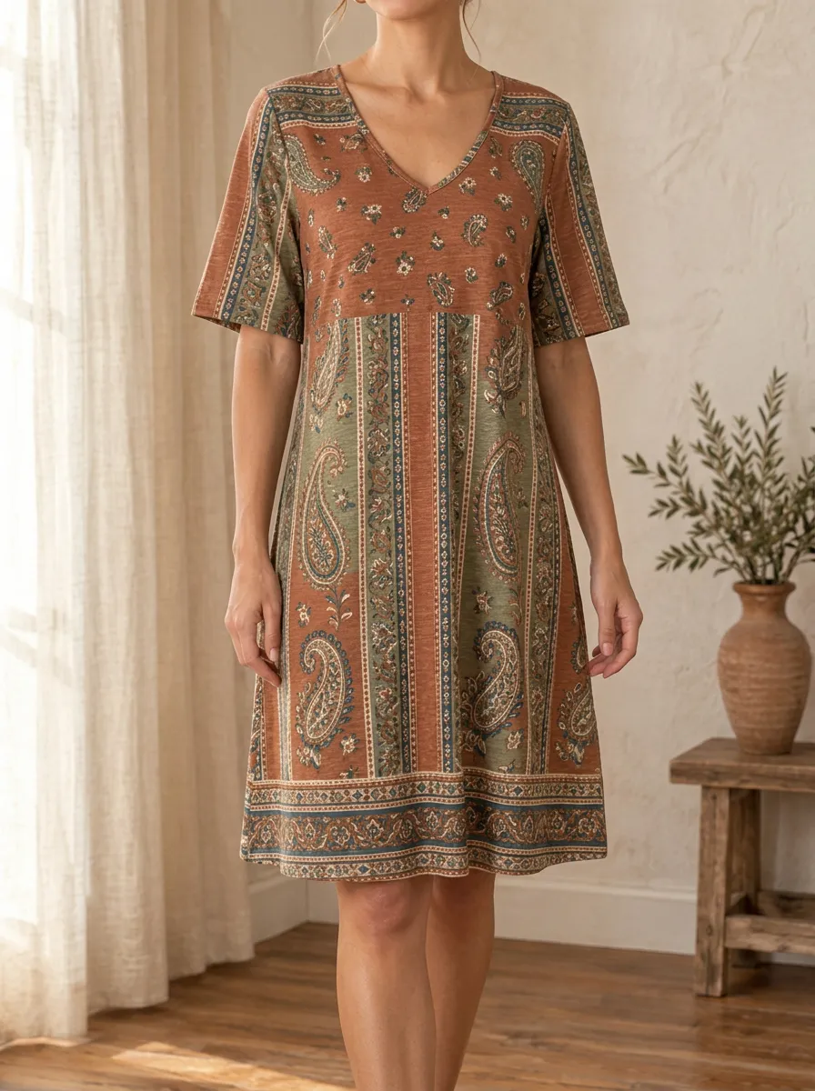 Women's Short Sleeve and Paisley Print V-Neck Shift Dress