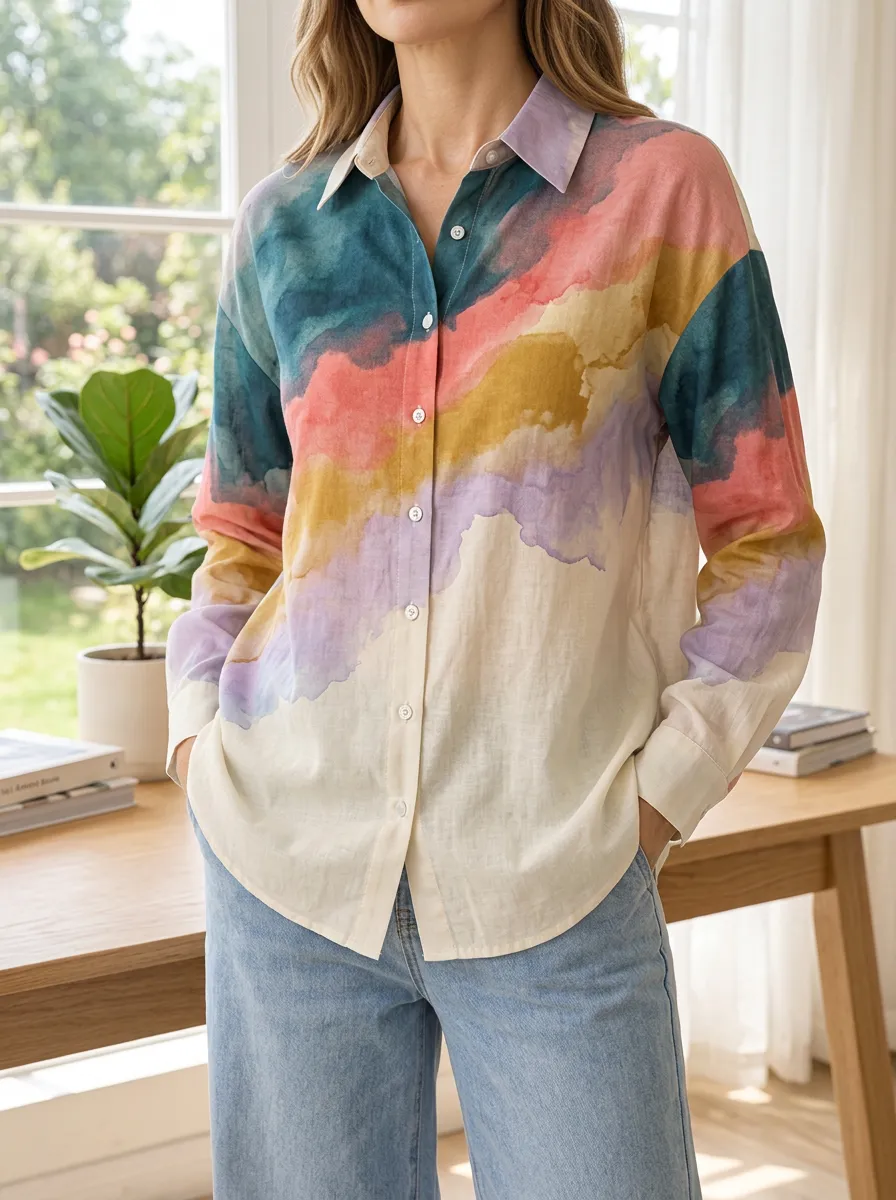 Women's Abstract Art Colorful Watercolor Printed Shirt