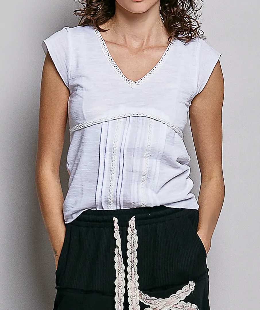 Crochet Trim V Neck Textured Knit Empire Top