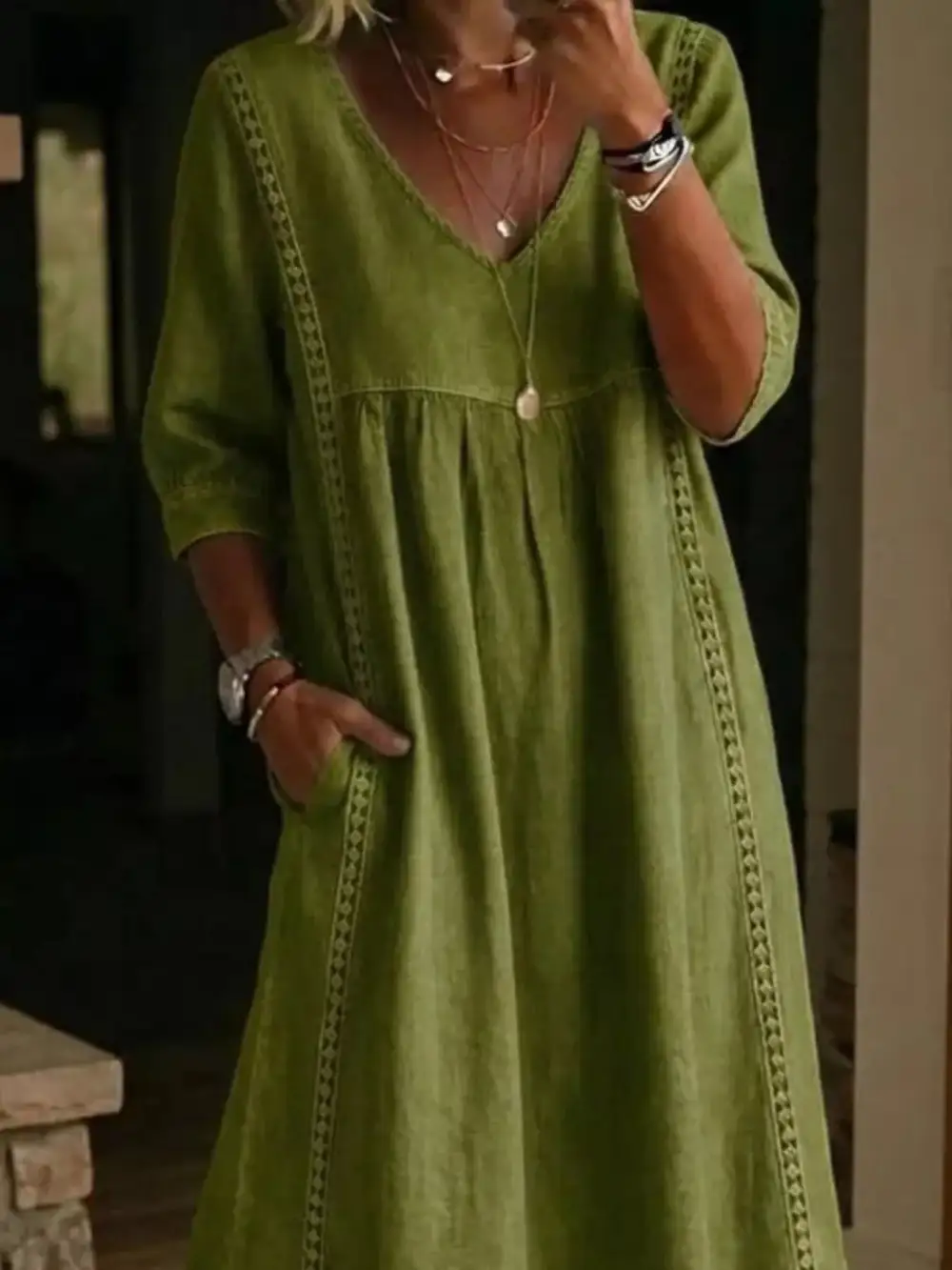 V-Neck Three-Quarter Sleeve Midi Dress