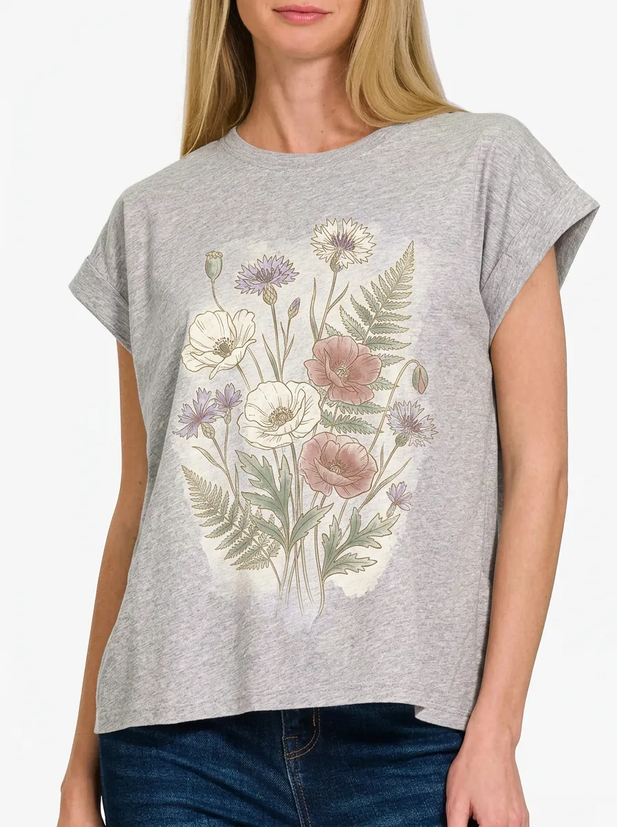 Women's Botanical Nature Lover Wildflower Fern Printed T-shirt