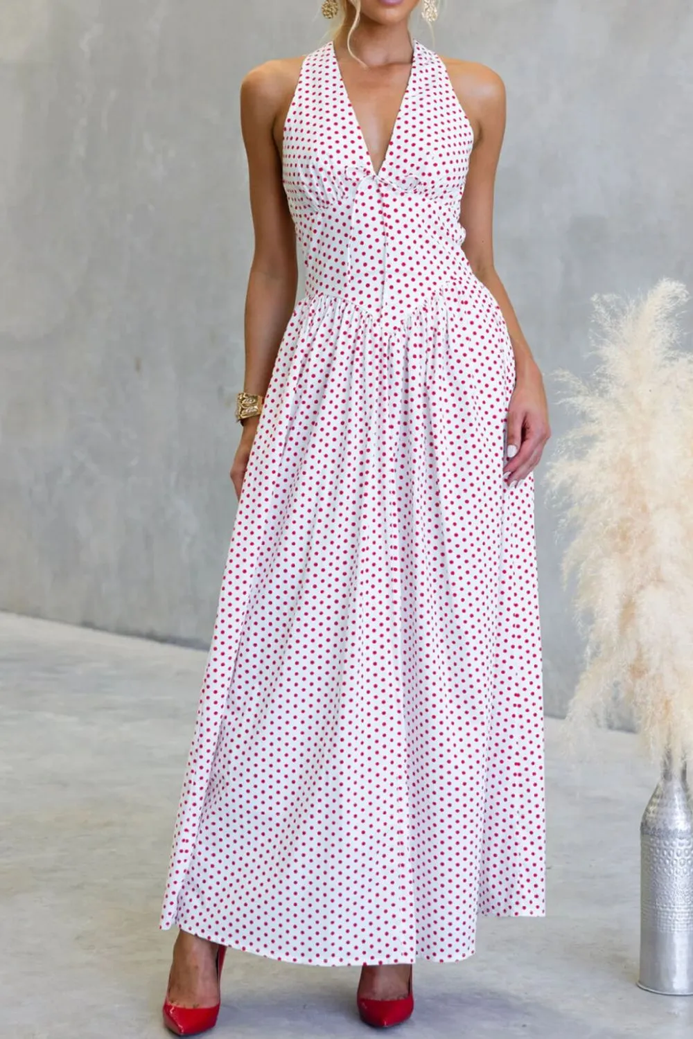 Classic Halter Polka-Dot Maxi Dress