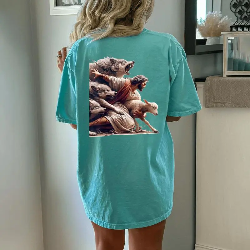 Jesus Protects The Lamb From Wolves Christian God Jesus Women's Oversized Comfort T-Shirt Back Print