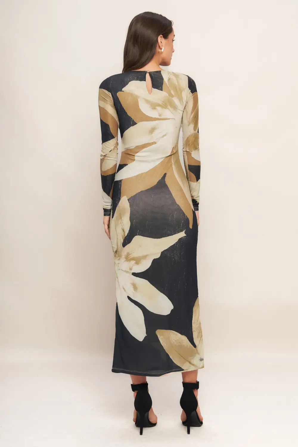 Long-Sleeve Mesh Abstract-Print Midi Dress