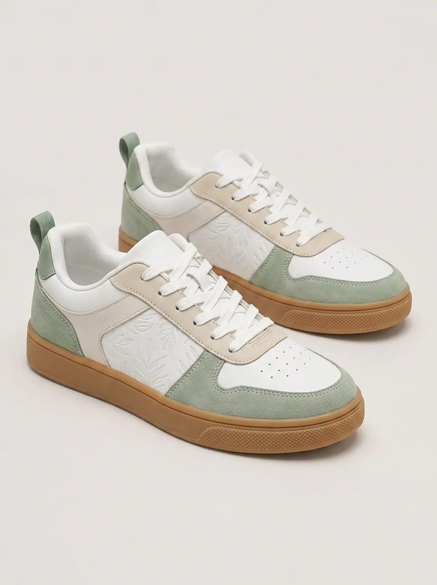 Men's Casual Sage Green Leaf Embossed Printed Sneakers