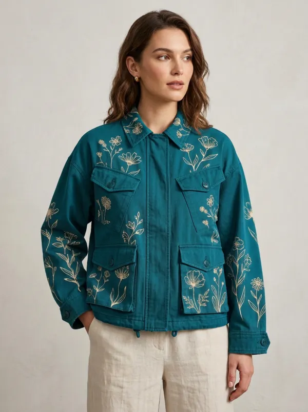 Women's Botanical Floral Line-Art Pattern Jacket