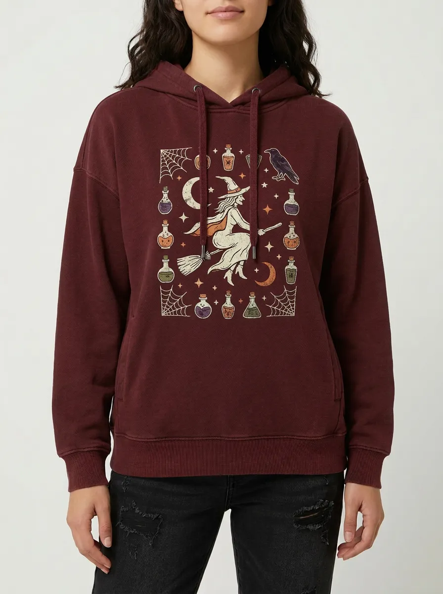 Women's Halloween Witch Potion Raven Printed Hoodie