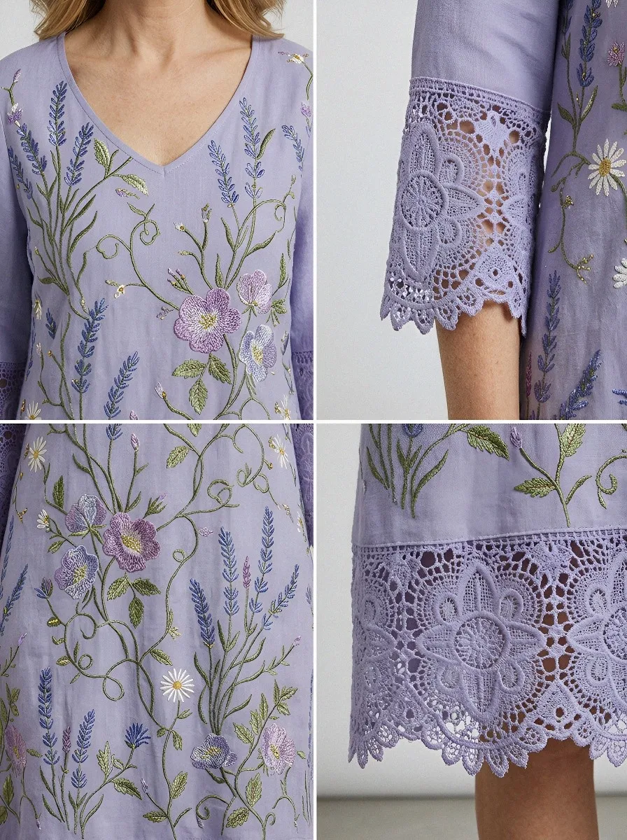 Women's Summer Vacation Lavender Floral Embroidered Lace Trimmed Dress
