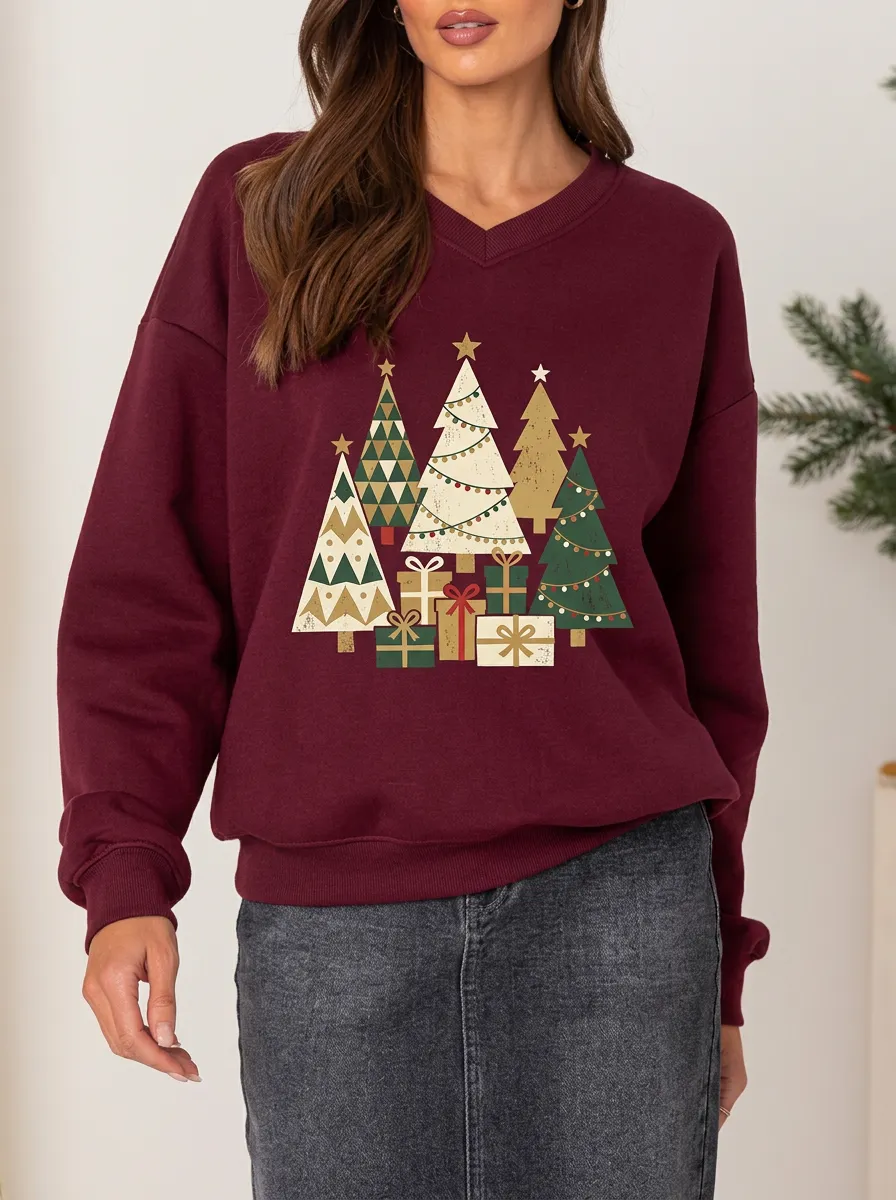 Christmas Holiday Geometric Tree Gift Box Print Sweatshirt
