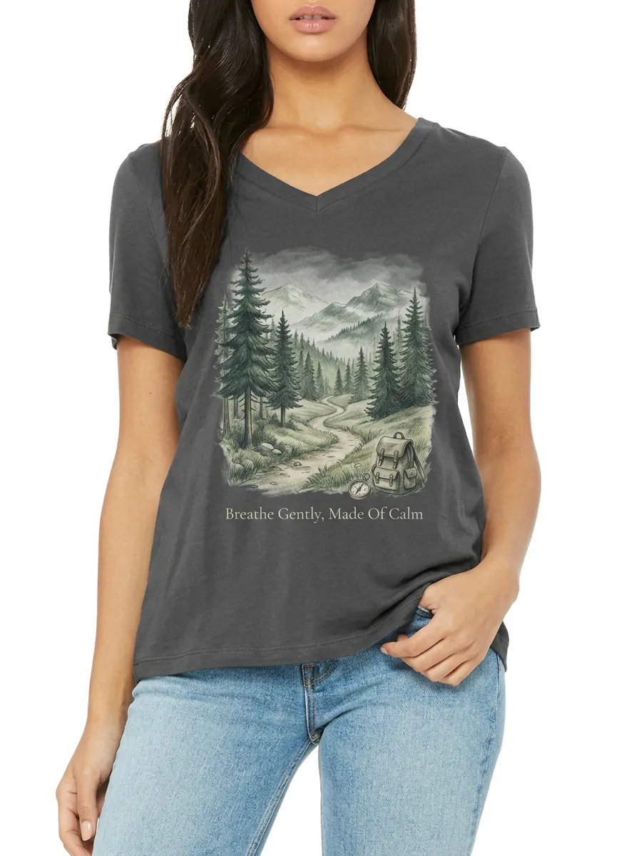 Women's Nature Hiking Lover Mountain Forest Backpack Printed V-neck T-shirt