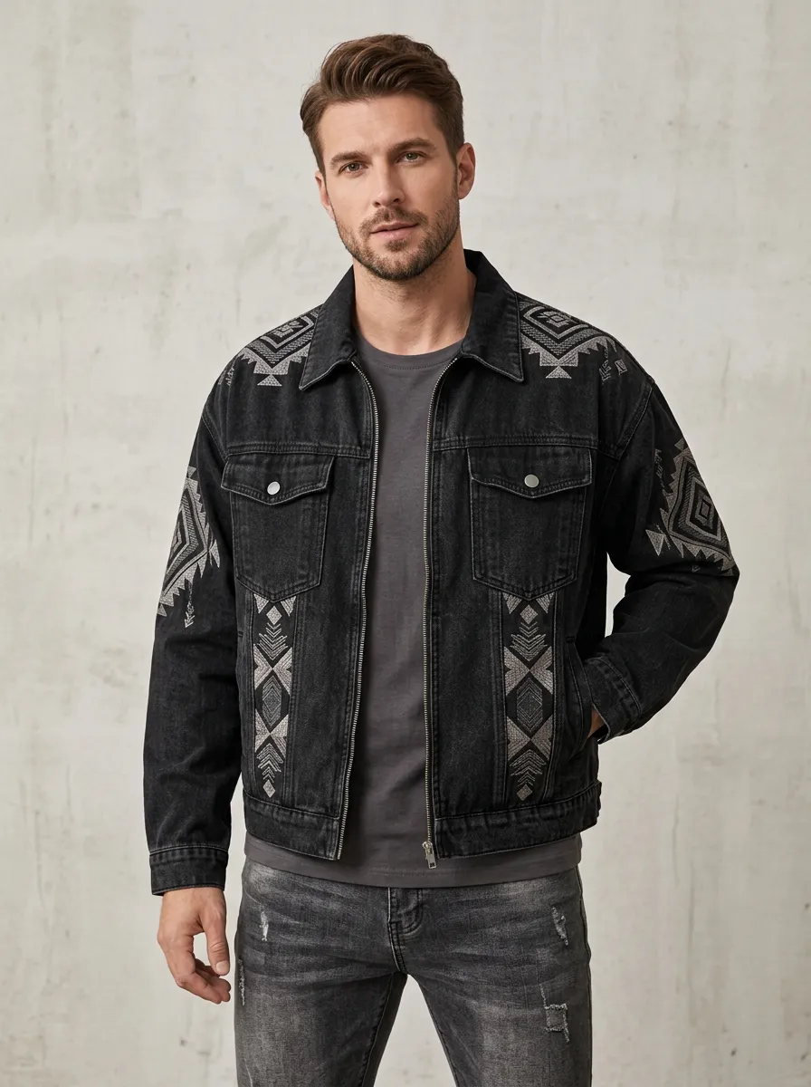 Men's Tribal Statement Geometric Denim Jacket