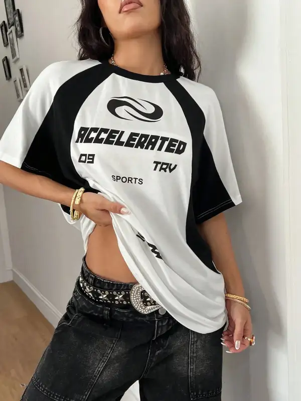 Women Black Raglan Sleeve Relaxed Fit Letter Graphic T-Shirt