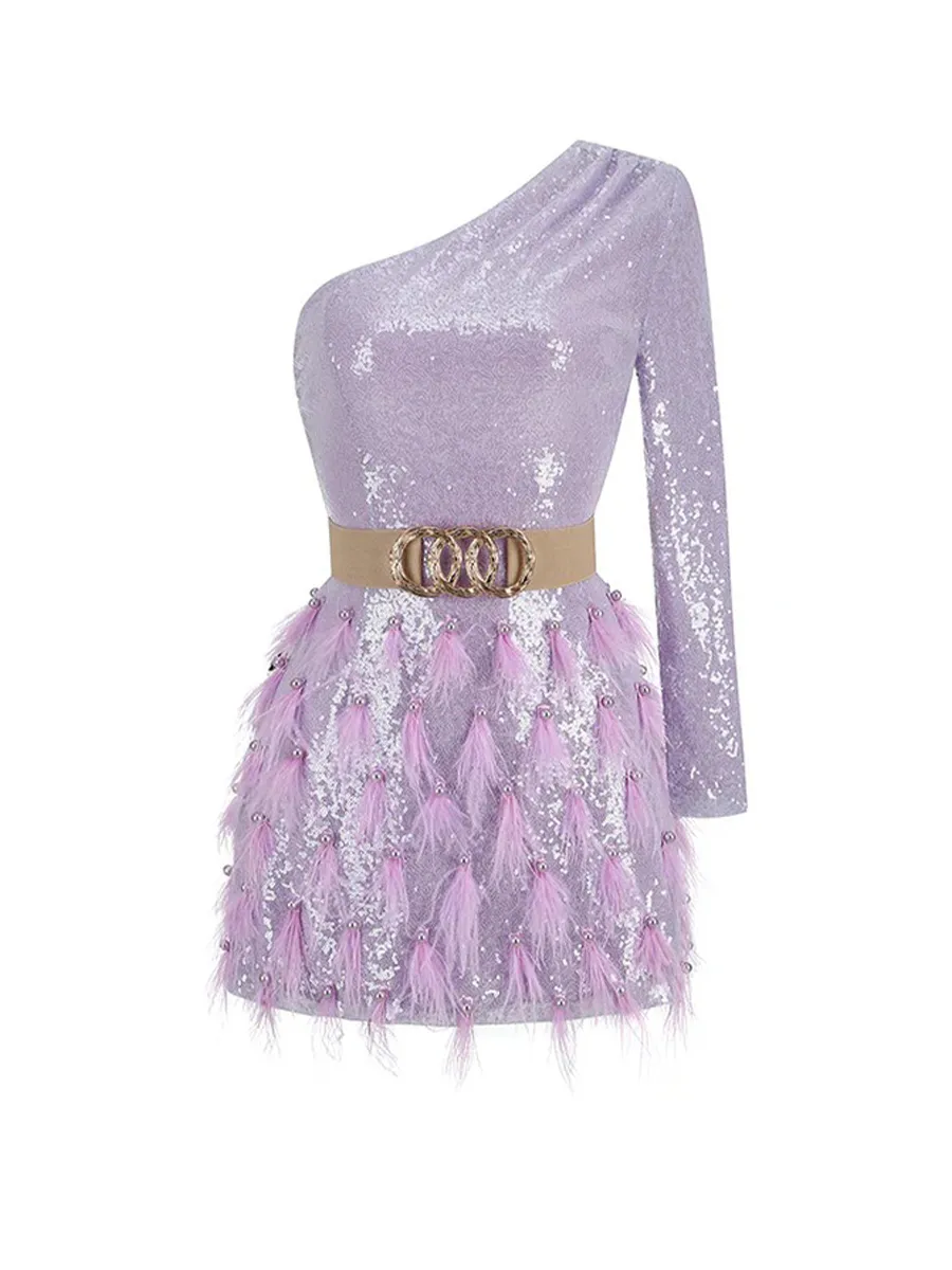 Adeline One Shoulder Sequins&Feather Cocktail Dress