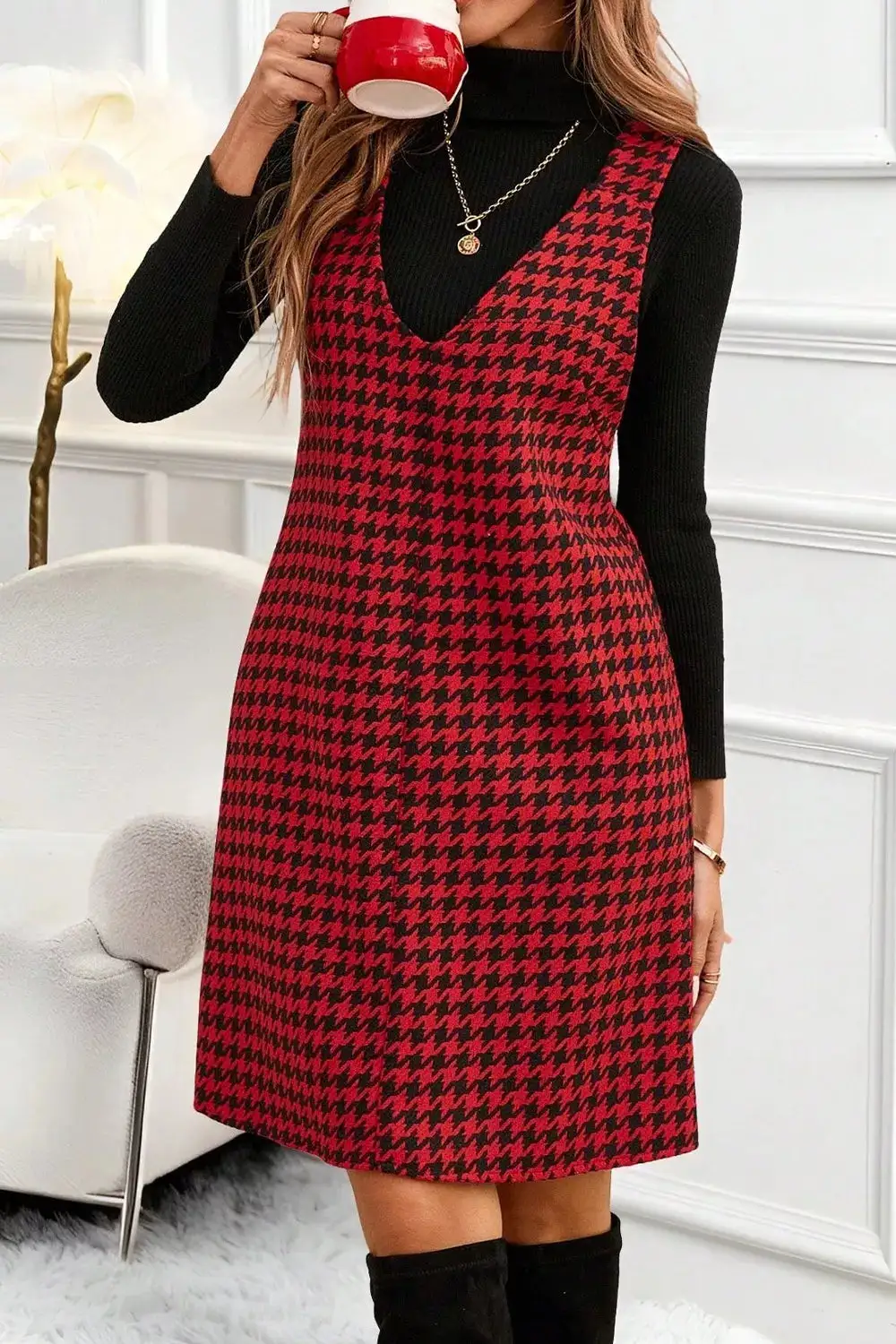 Houndstooth V Neck Sleeveless Mini Dress