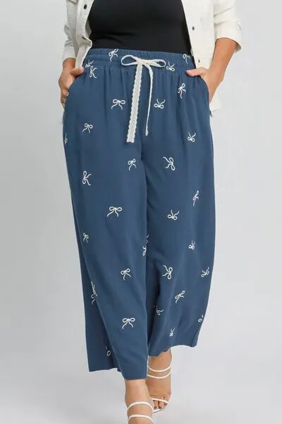 Relaxed Full Size Lace Drawstring Embroidered Bow Wide Leg Pants