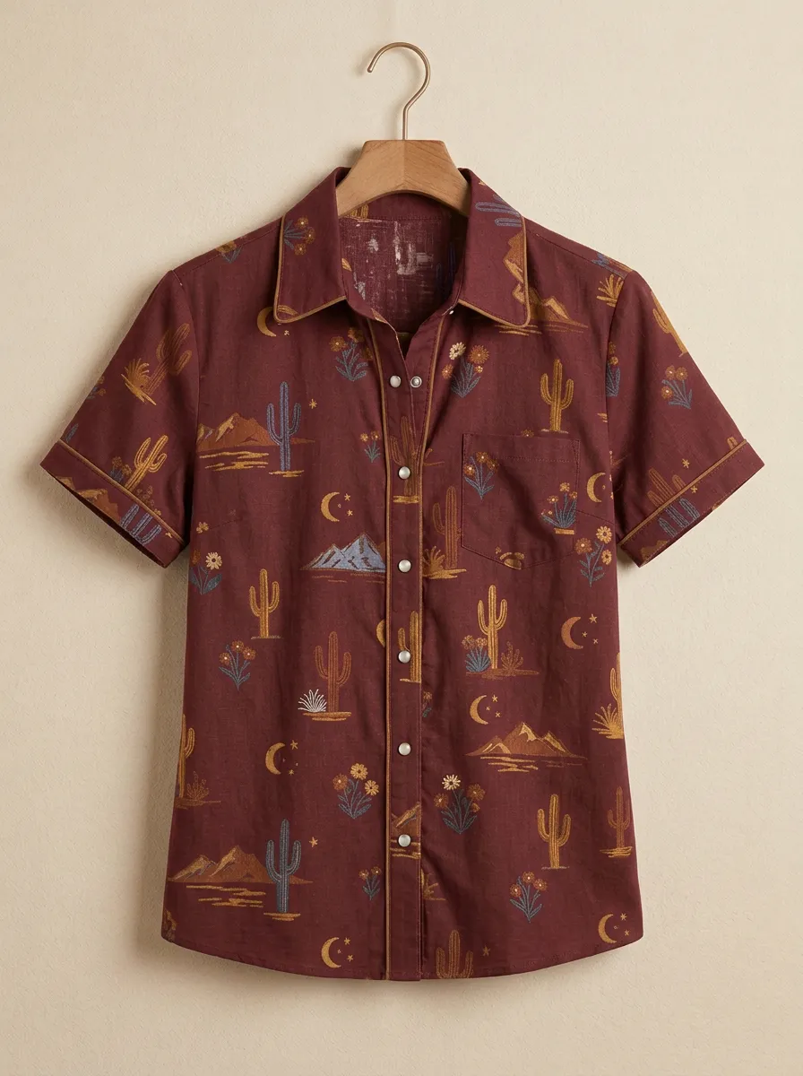 Women's Western Desert Cactus Mountain Moon Printed Short Sleeve Shirt