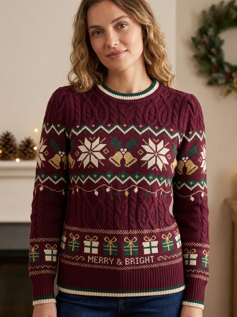 Christmas Merry & Bright Snowflake Bell Gift Print Sweater