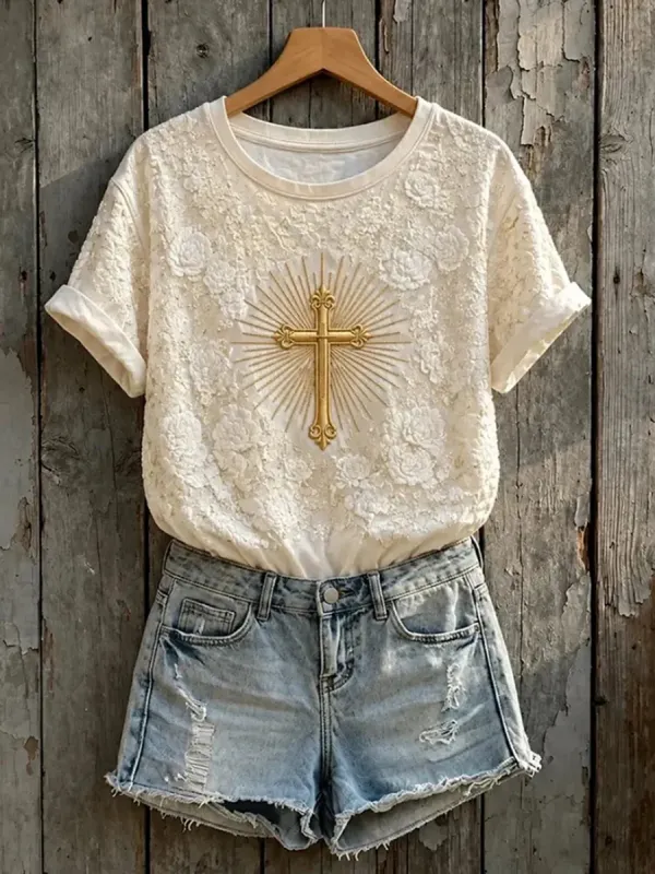 Women'S Faith Lace Cross Rose Atmospheric Print Short Sleeved T-Shirt