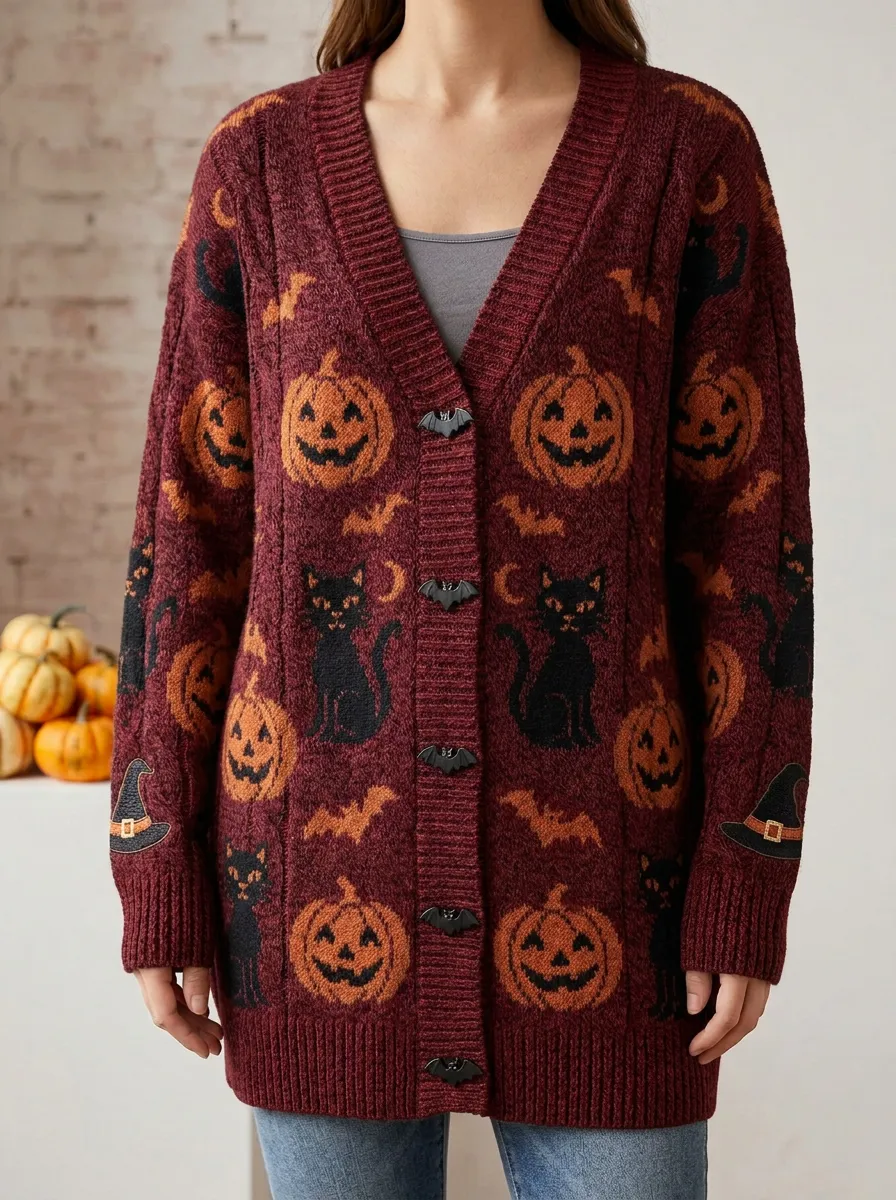 Women's Halloween Pumpkin Cat Bat Pattern Knitted Cardigan