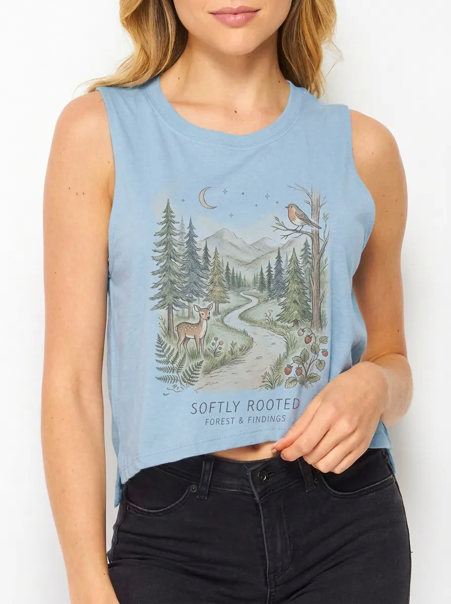 Women's Nature Lover Forest Deer Robin Printed Crop Tank Top