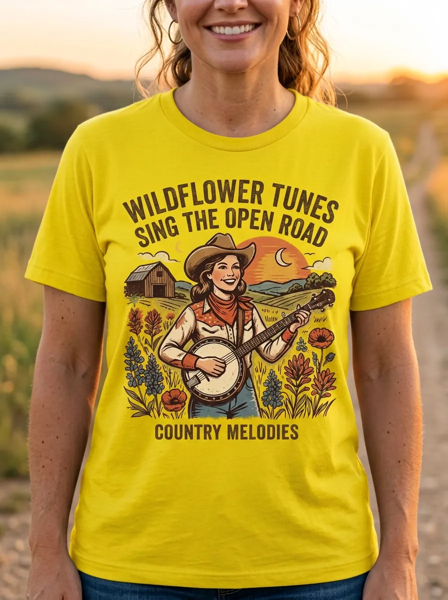 Western-Inspired Country Music Banjo Player Wildflower Crew Neck T-Shirt