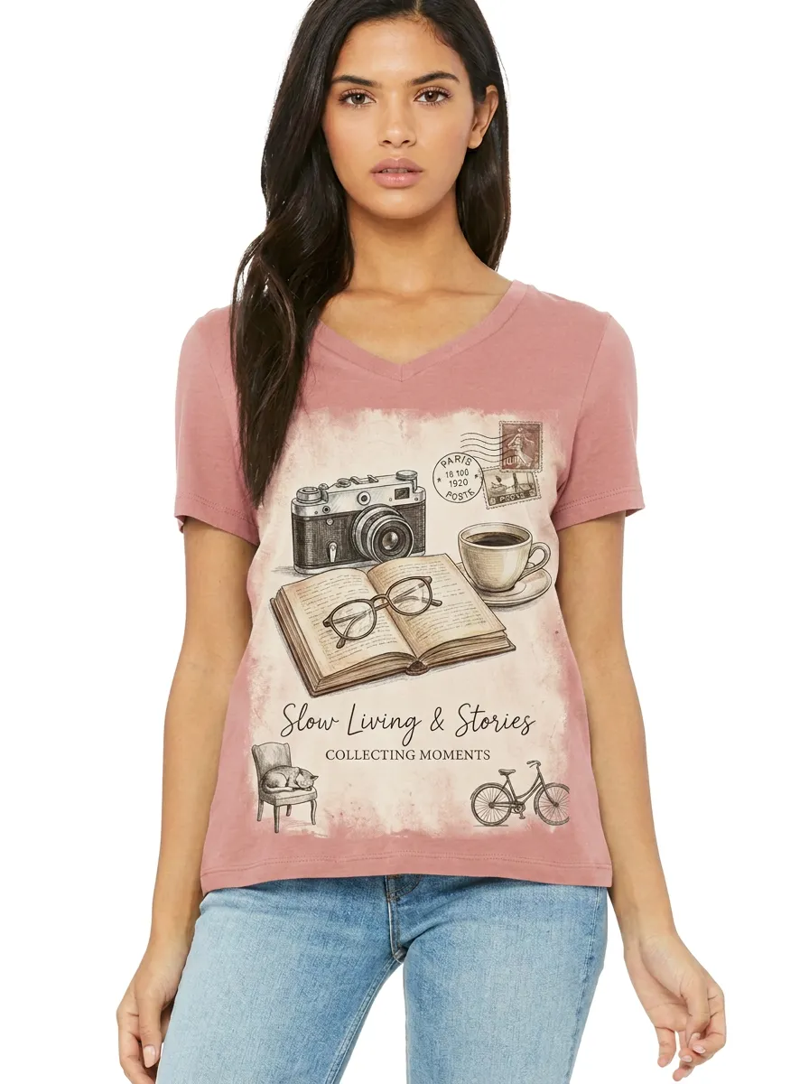 Women's Slow Living Book Camera Coffee Printed V-neck T-shirt