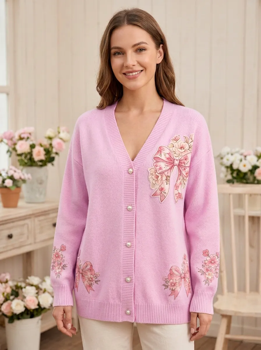 Women's Delicate Floral Ribbon Bow Romantic Printed Cardigan