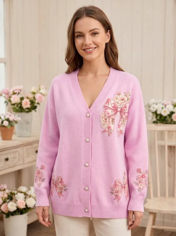 Women's Delicate Floral Ribbon Bow Romantic Printed Cardigan