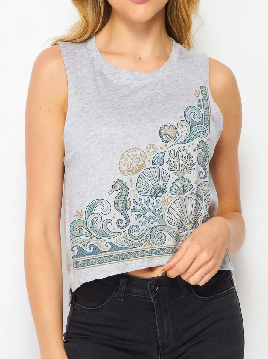 Women's Beach Lover Seahorse Seashell Printed Crop Tank Top